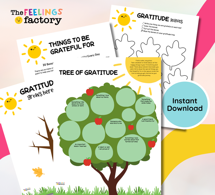 Educational materials from The Feelings Factory for teaching gratitude, including a tree of gratitude and leaves.