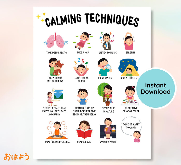 Calming Techniques Poster: Feelings Chart, Mindfulness Decor (Printable)