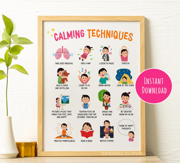 Calming Techniques Poster: Feelings Chart, Mindfulness Decor (Printable)