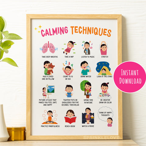 Calming Techniques Poster: Feelings Chart, Mindfulness Decor (Printable)