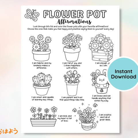 Flower Pot Affirmation Coloring Page: Self-Compassion Worksheet (Digital Download)