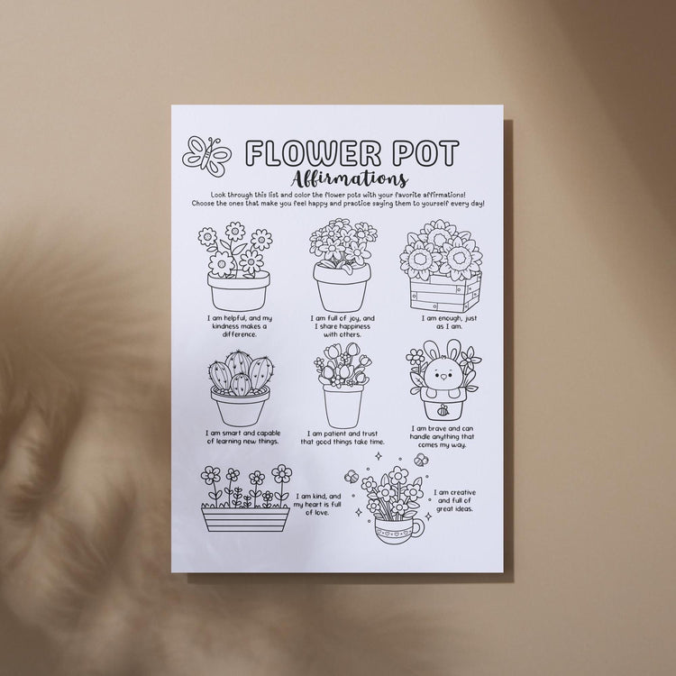 Flower Pot Affirmation Coloring Page: Self-Compassion Worksheet (Digital Download)