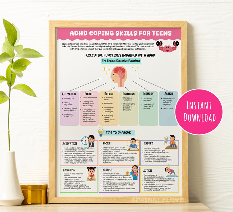 ADHD Coping Skills Handout for Teens: Executive Functioning, Grounding (Instant Download)