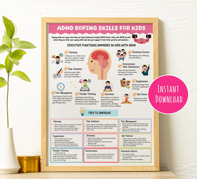 ADHD Coping Skills for Kids Handout, Executive Function Strategies, Therapy Resources, Grounding Technique, Mental Health Digital Download