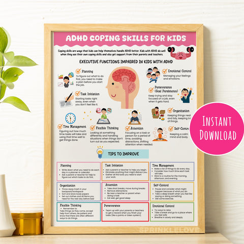 ADHD Coping Skills for Kids Handout, Executive Function Strategies, Therapy Resources, Grounding Technique, Mental Health Digital Download