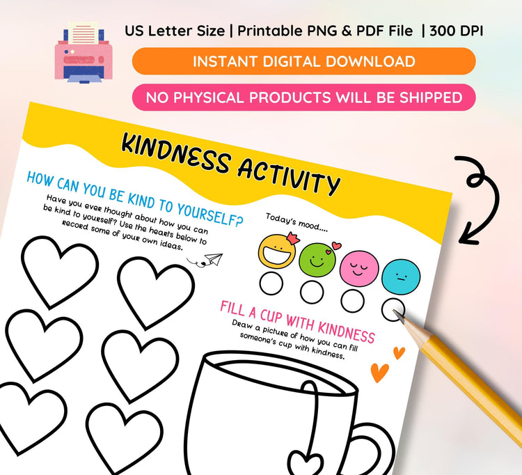 Kindness Activity Worksheet: Fill Your Cup with Positivity (Digital Download)