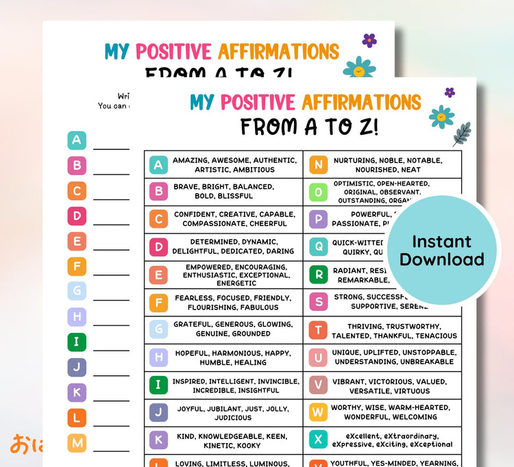 A-Z Positive Affirmations Worksheet: Kids & Teens Mental Health (Digital Download)