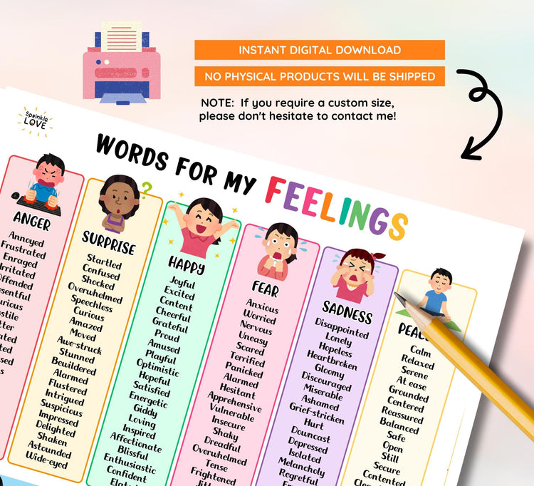 Feelings Vocabulary Poster: Social Emotional Learning Chart (Instant Download)