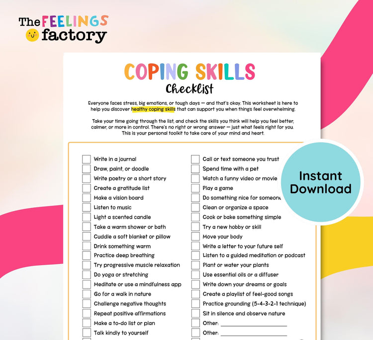 Coping Skills Checklist, Coping Strategy Tips, Grounding Techniques, Mental Health Worksheets, Instant Download