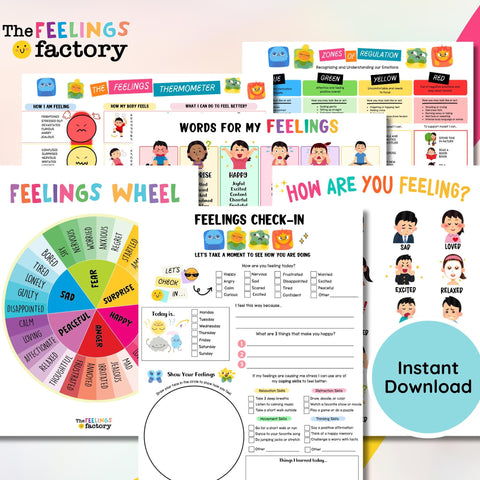 Feelings Emotions Coping Skills Bundle Set, SEL Activities, School Counseling, Feelings Wheel, Emotional Regulation Tools, Instant Download