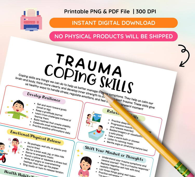 Trauma Coping Skills Chart: PTSD Recovery, Therapy Handout (PDF & PNG Instant Download