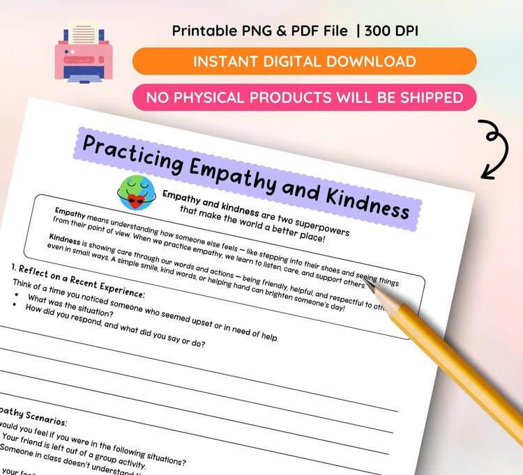 Empathy and Kindness Worksheet, Social Emotional Learning (Digital Download)