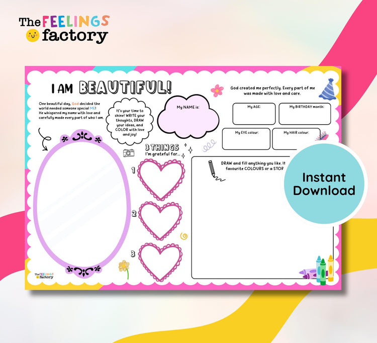 Christian Kids Printables, Self-Esteem & Gratitude Activities, Positive Affirmations, Therapy Worksheets, Bible Activity (Digital Download)