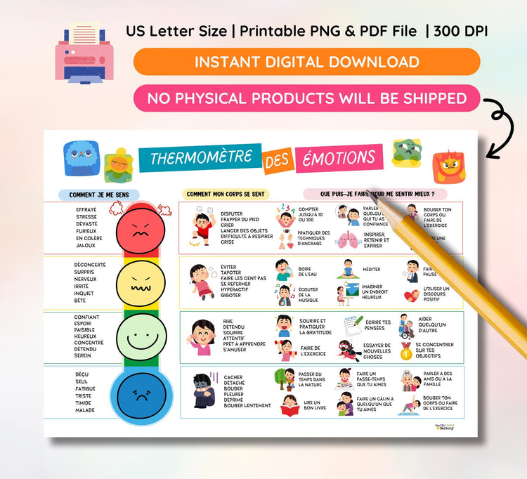 FRENCH Feelings Thermometer Chart & Coping Skills Poster: Mental Health Tools (PDF Download)