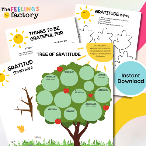 Educational materials from The Feelings Factory for teaching gratitude, including a tree of gratitude and leaves.