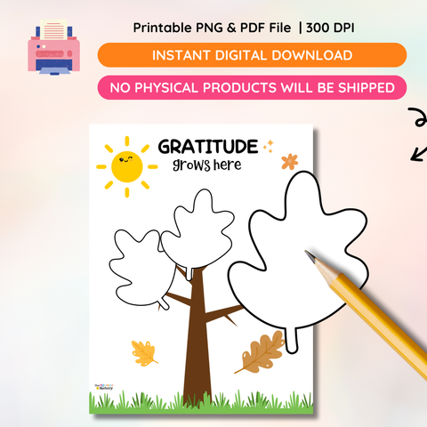 Educational materials from The Feelings Factory for teaching gratitude, including a tree of gratitude and leaves.