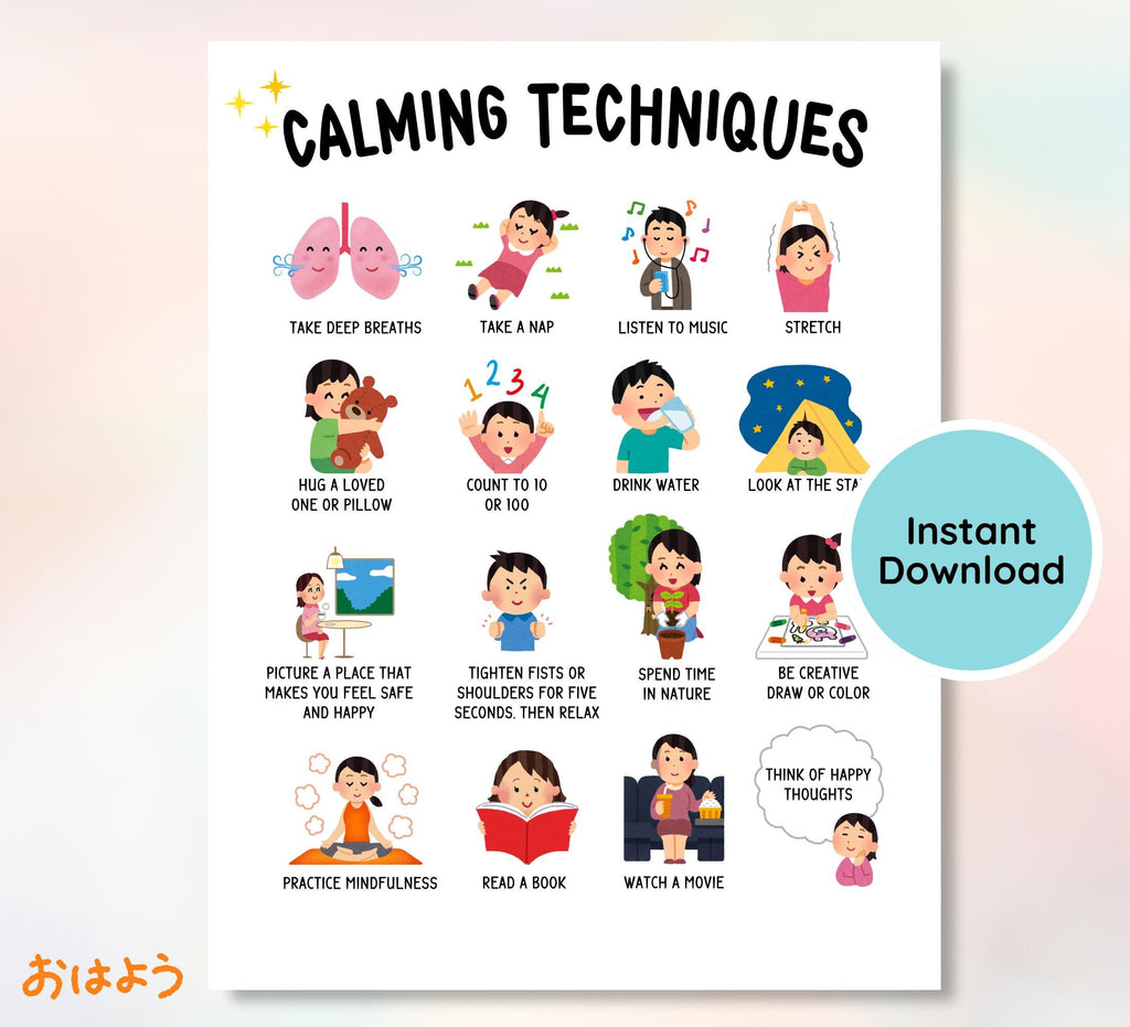 Calming Techniques Poster: Feelings Chart, Mindfulness Decor (Printable)