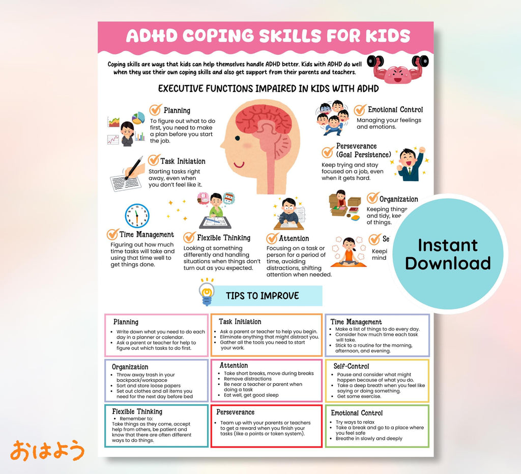 ADHD Coping Skills for Kids Handout, Executive Function Strategies, Therapy Resources, Grounding Technique, Mental Health Digital Download