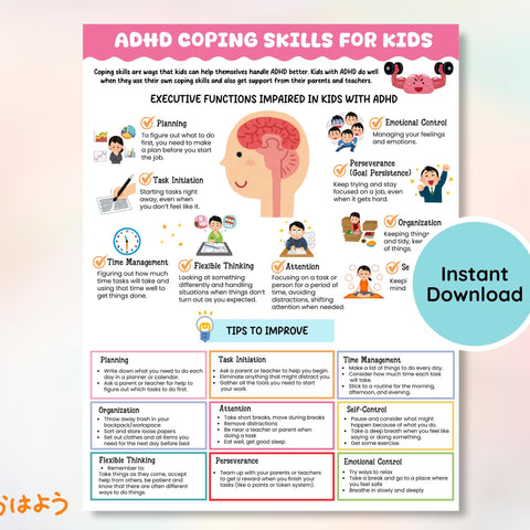 ADHD Coping Skills for Kids Handout, Executive Function Strategies, Therapy Resources, Grounding Technique, Mental Health Digital Download
