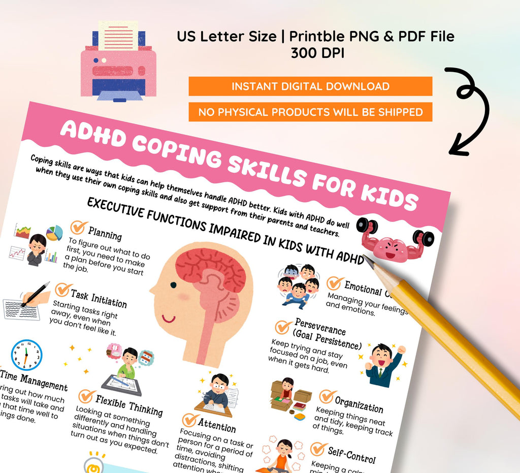 ADHD Coping Skills for Kids Handout, Executive Function Strategies, Therapy Resources, Grounding Technique, Mental Health Digital Download