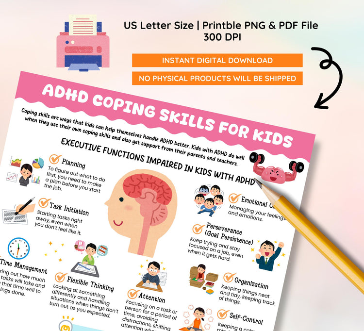 ADHD Coping Skills for Kids Handout, Executive Function Strategies, Therapy Resources, Grounding Technique, Mental Health Digital Download