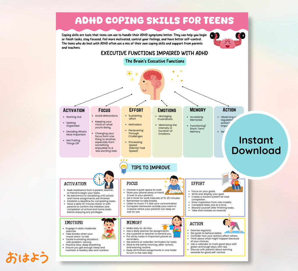 ADHD Coping Skills Handout for Teens: Executive Functioning, Grounding (Instant Download)
