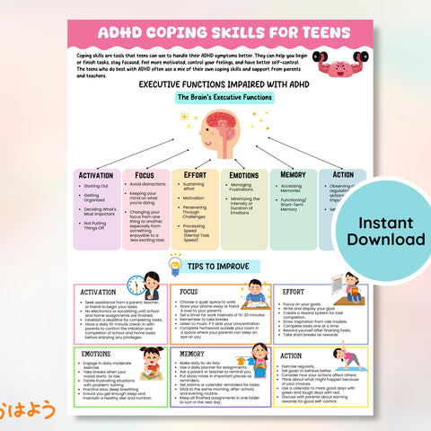 ADHD Coping Skills Handout for Teens: Executive Functioning, Grounding (Instant Download)
