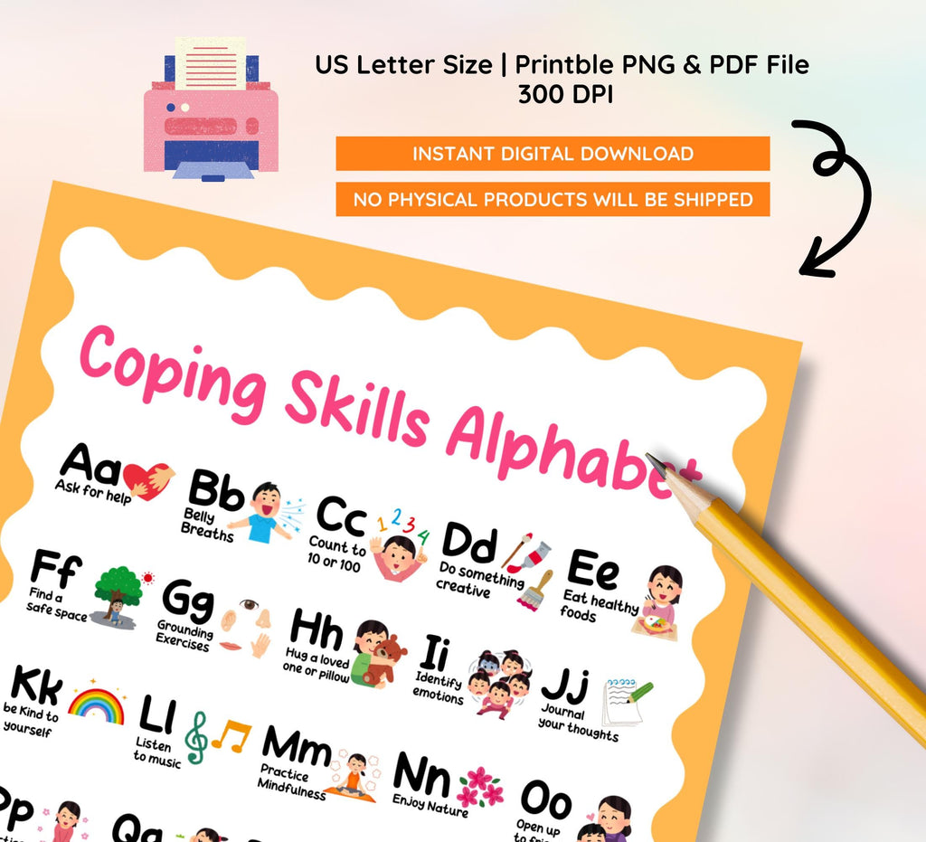 Coping Skills Alphabet Poster: Calming Strategies for Kids (PDF Downloadable Print