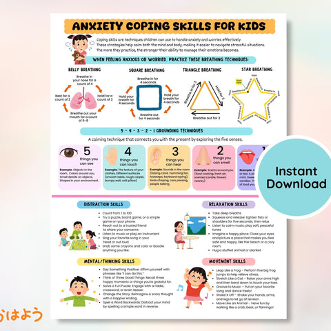 Anxiety Coping Skills Poster for Kids: Breathing Exercises (Instant Download)