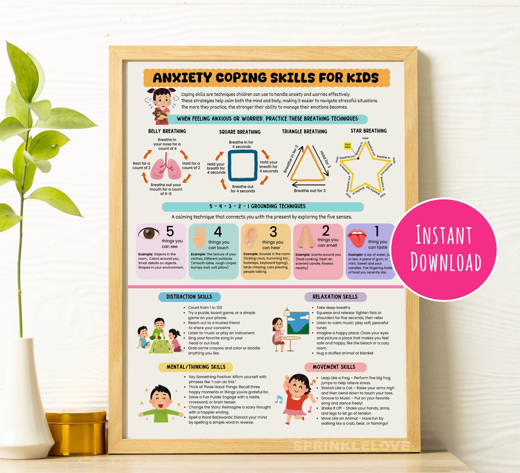 Anxiety Coping Skills Poster for Kids: Breathing Exercises (Instant Download)