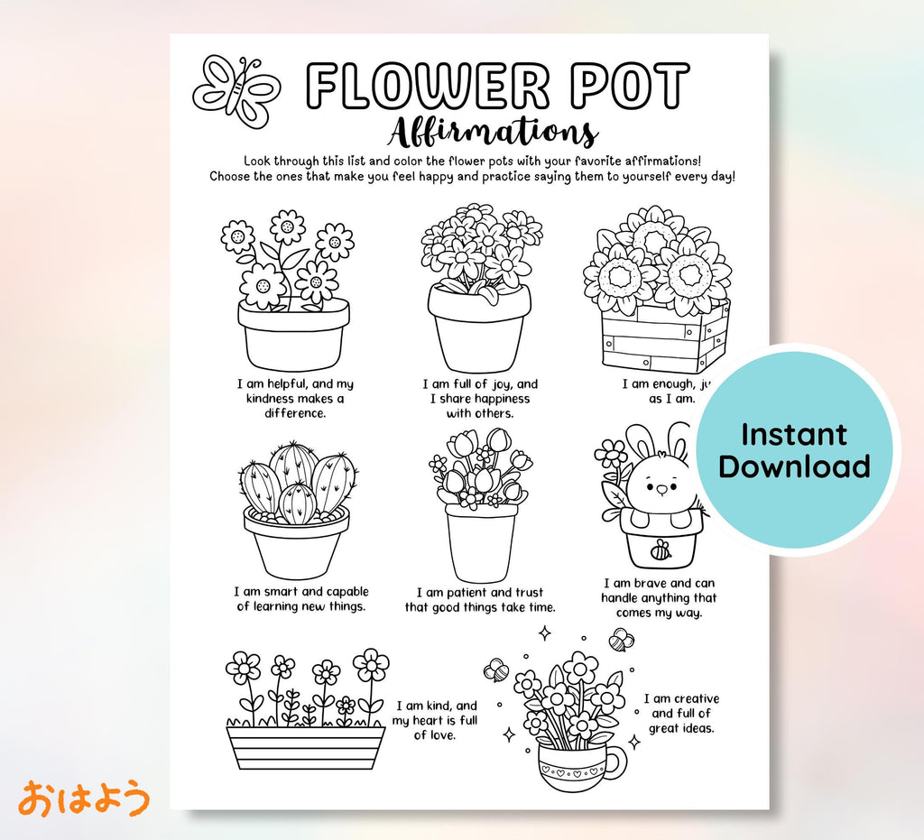 Flower Pot Affirmation Coloring Page: Self-Compassion Worksheet (Digital Download)