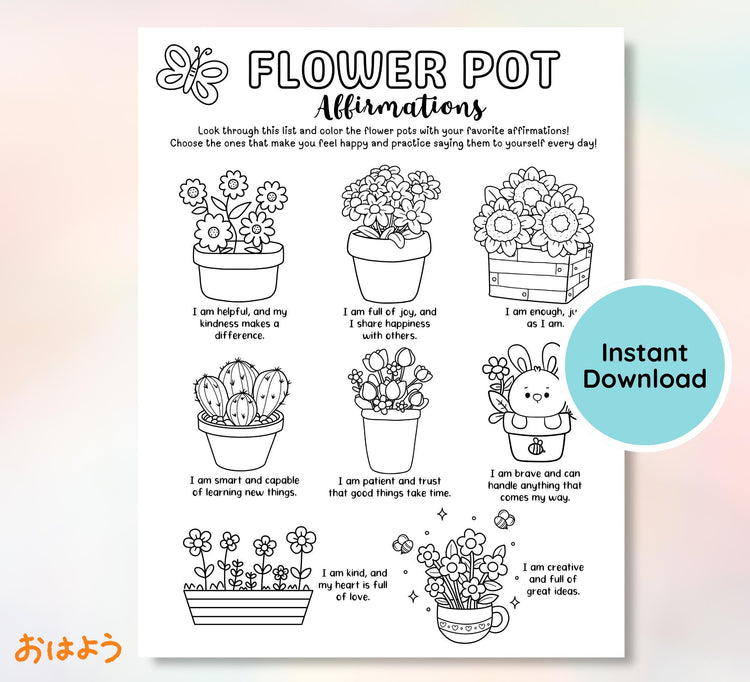 Flower Pot Affirmation Coloring Page: Self-Compassion Worksheet (Digital Download)