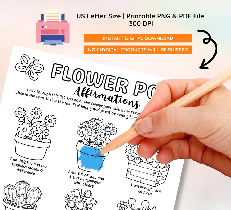 Flower Pot Affirmation Coloring Page: Self-Compassion Worksheet (Digital Download)