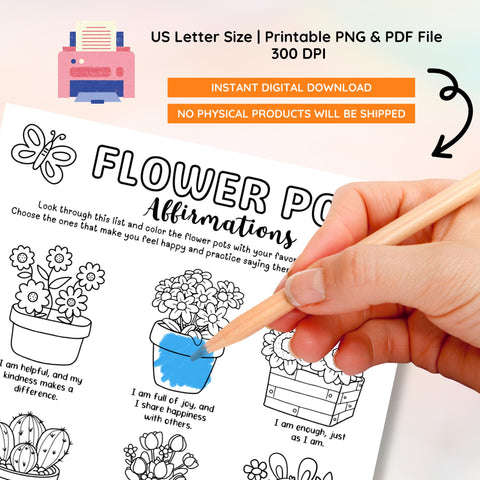 Flower Pot Affirmation Coloring Page: Self-Compassion Worksheet (Digital Download)