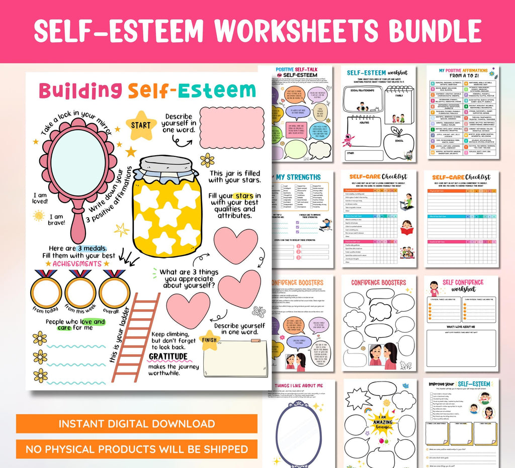 Self-Esteem Worksheet Bundle: Mental Health Activities for Kids & Teens (Digital Download)