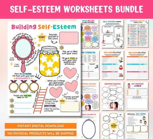 Self esteem worksheets bundle printable PDF for mental wellness and self esteem