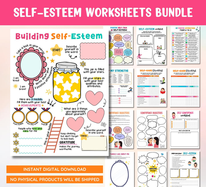 Self esteem worksheets bundle printable PDF for mental wellness and self esteem