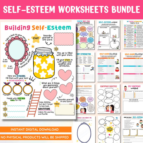 Self-Esteem Worksheet Bundle: Mental Health Activities for Kids & Teens (Digital Download)