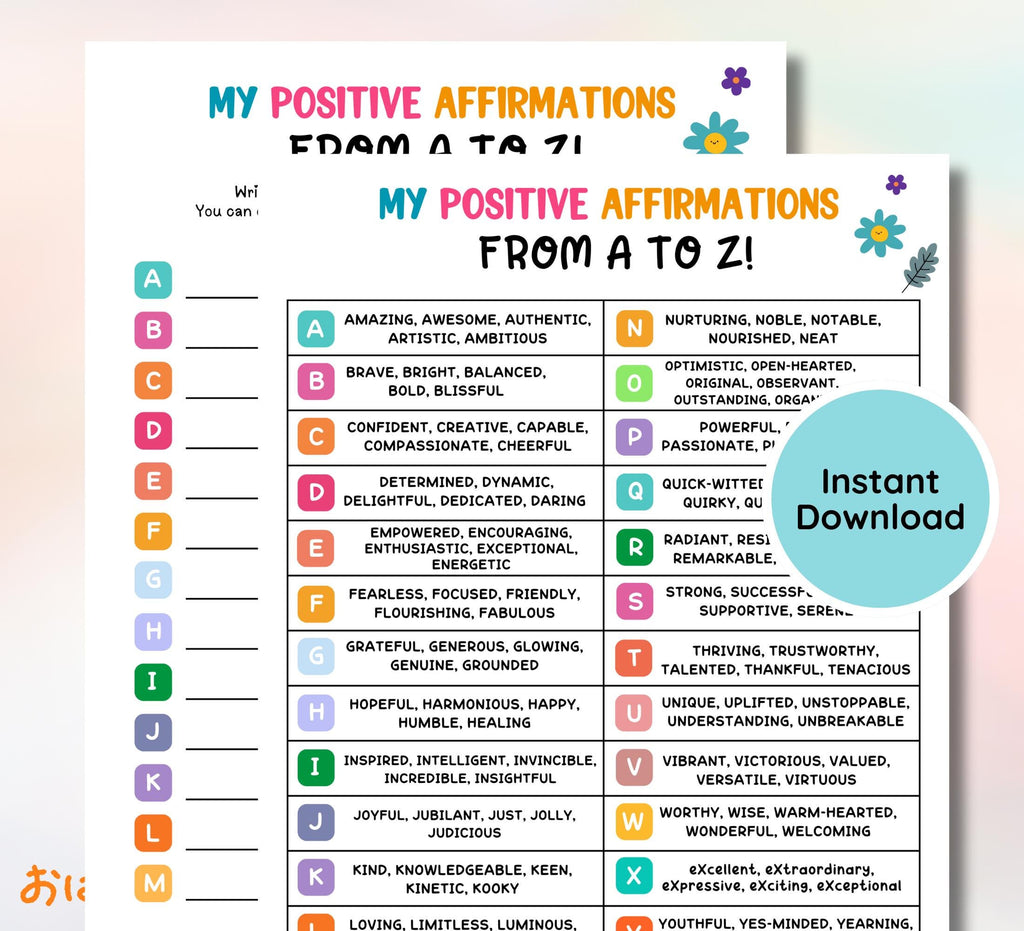 A-Z Positive Affirmations Worksheet: Kids & Teens Mental Health (Digital Download)