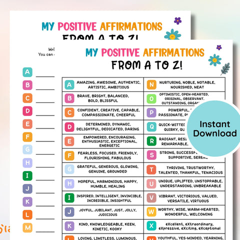 A-Z Positive Affirmations Worksheet: Kids & Teens Mental Health (Digital Download)