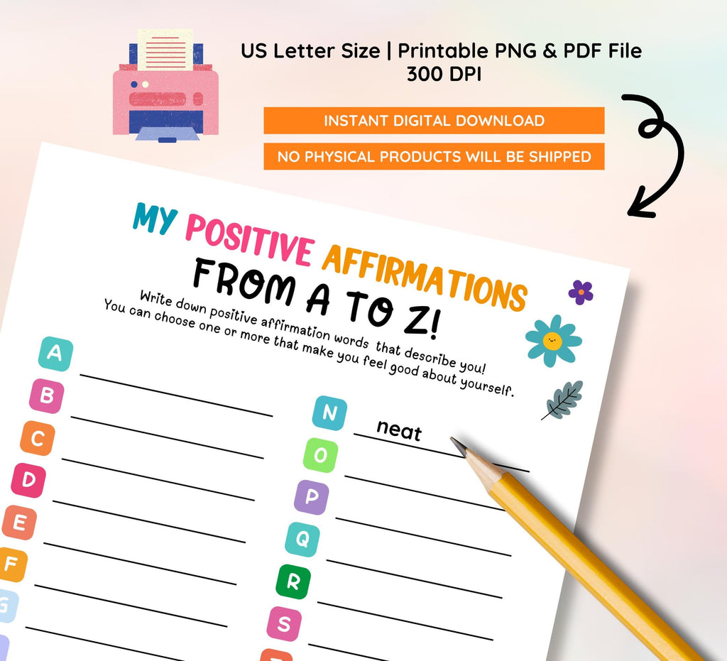 A-Z Positive Affirmations Worksheet: Kids & Teens Mental Health (Digital Download)