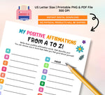 A-Z Positive Affirmations Worksheet: Kids & Teens Mental Health (Digital Download)