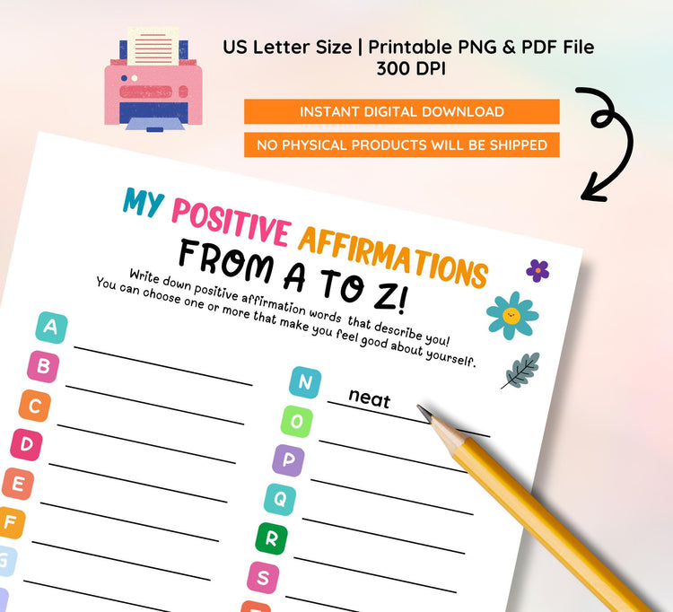 A-Z Positive Affirmations Worksheet: Kids & Teens Mental Health (Digital Download)