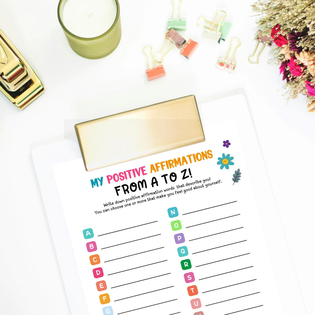 A-Z Positive Affirmations Worksheet: Kids & Teens Mental Health (Digital Download)