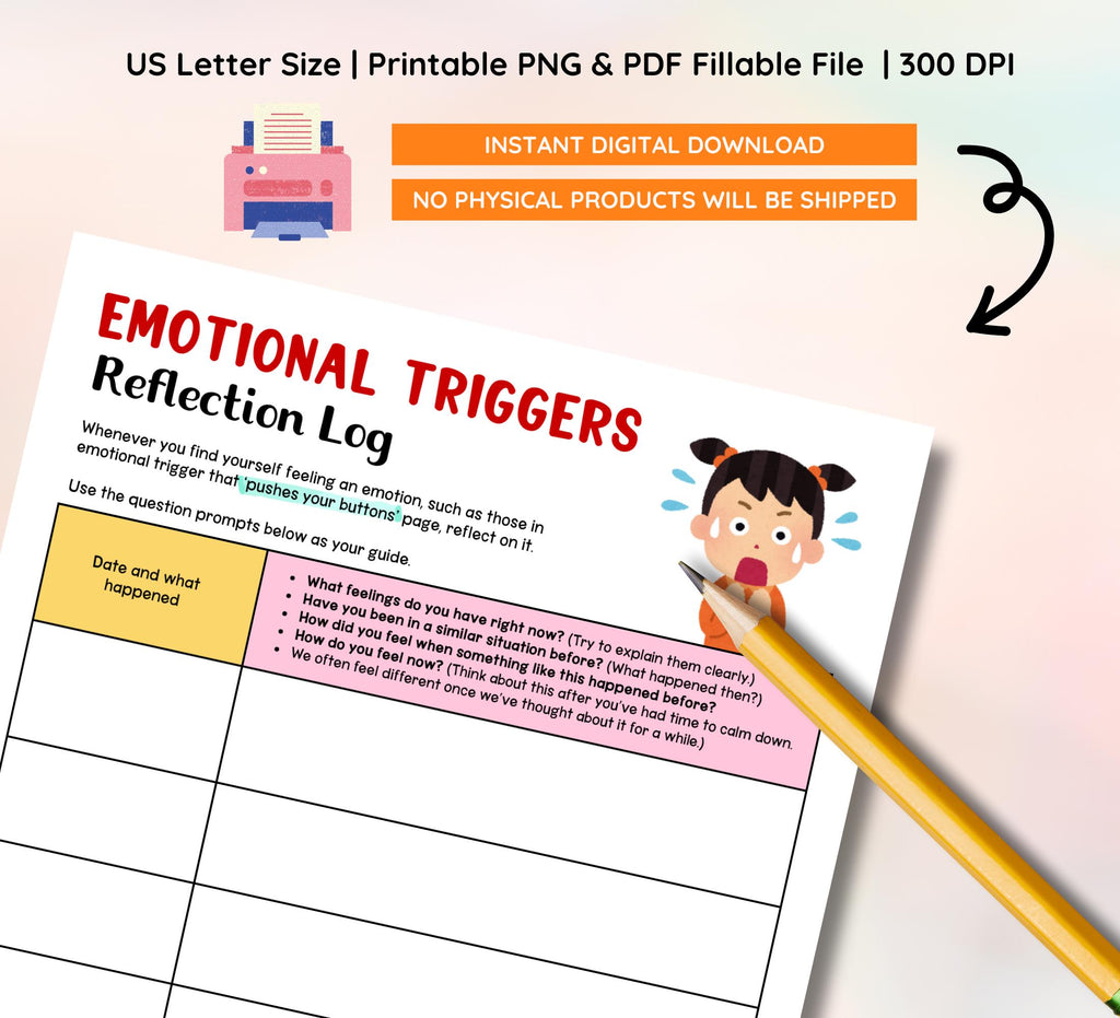 Emotional Triggers Worksheet: Coping Skills & Emotion Management (Instant Download)