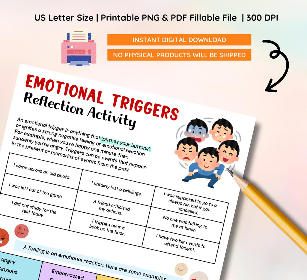 Emotional Triggers Worksheet: Coping Skills & Emotion Management (Instant Download)