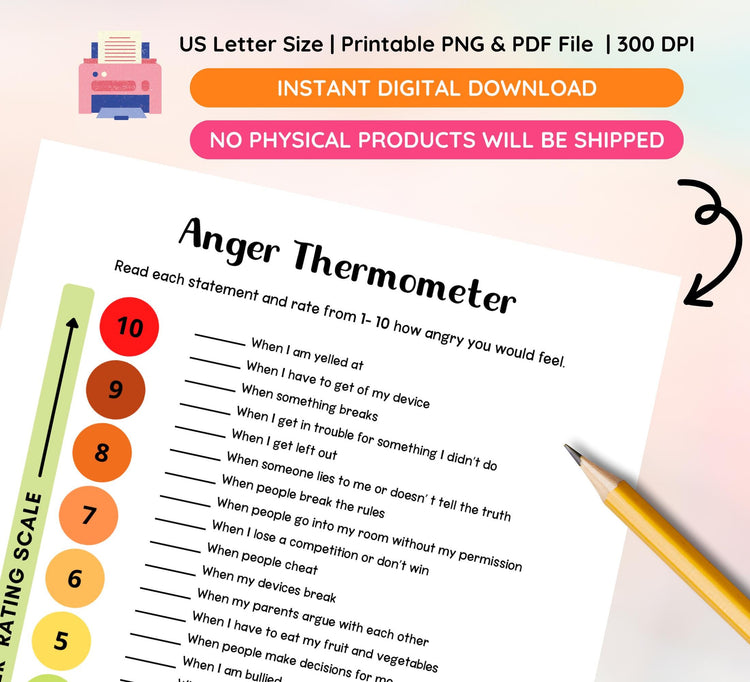 Anger Thermometer Worksheet: Emotional Learning, Anger Management (Fillable PDF & PNG)