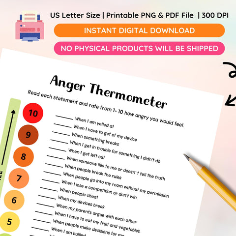 Anger Thermometer Worksheet: Emotional Learning, Anger Management (Fillable PDF & PNG)