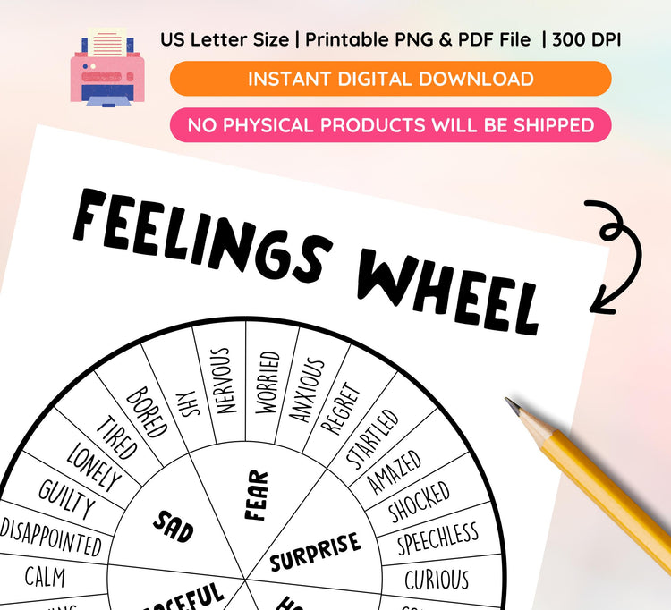 Feelings Wheel Chart: Kids Emotions, Mental Health Poster (Instant Download, PDF & PNG Files)