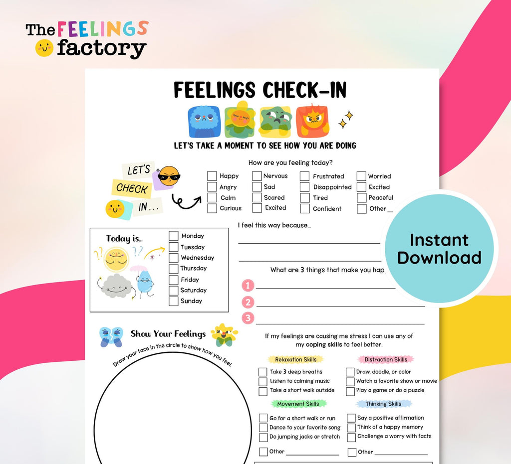 Feelings Check-In Worksheet: Social Emotional Learning, Self Regulation (PDF Download)